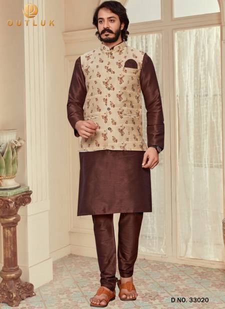 Brown Colour Latest Design Festive Wear Art Silk Digital Printed Kurta Pajama With Jacket Mens Collection 33020